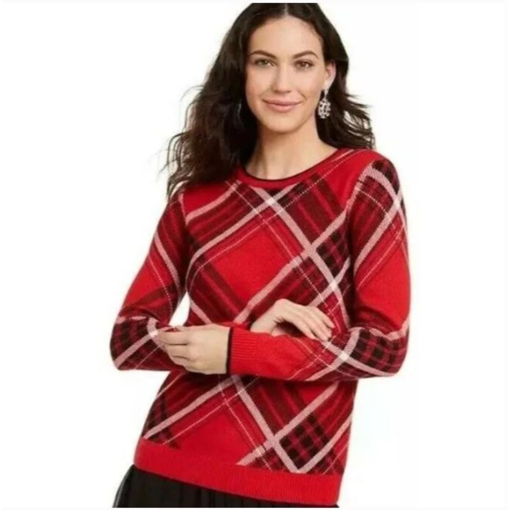 Charter Club Red Black Plaid Round Crew Neck Long Sleeve Pullover Sweater Sz XS
